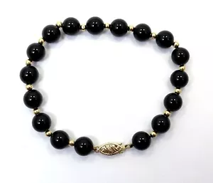 RETRO Vintage 8.25 mm BLACK ONYX & 14K Yellow Gold Bead 7.75" Strand Bracelet - Picture 1 of 4