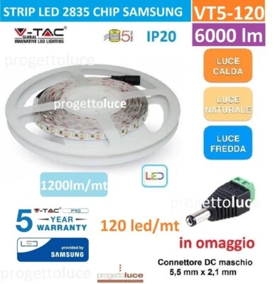STRISCIA LED 1320lm/mt SMD 5mt 12V 2835 V-TAC SAMSUNG IP20 ALTA LUMINOSITA' - Immagine 1 di 4