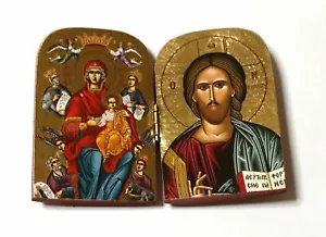 Greek Orthodox Lithograph Wooden Diptych Blessing Christ Pantanassa 7x5cm - Picture 1 of 2