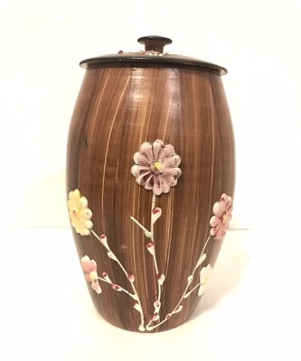 Vtg Italian Pottery Canister Jar Hand Painted Applied Flower Boho Ceramic Italy - Image 1 of 4