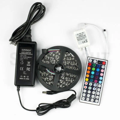 RGB 5M 5050 300 LED Strip Light Black PCB Non-Waterproof+44Keys Controller+Power - Image 1 of 4