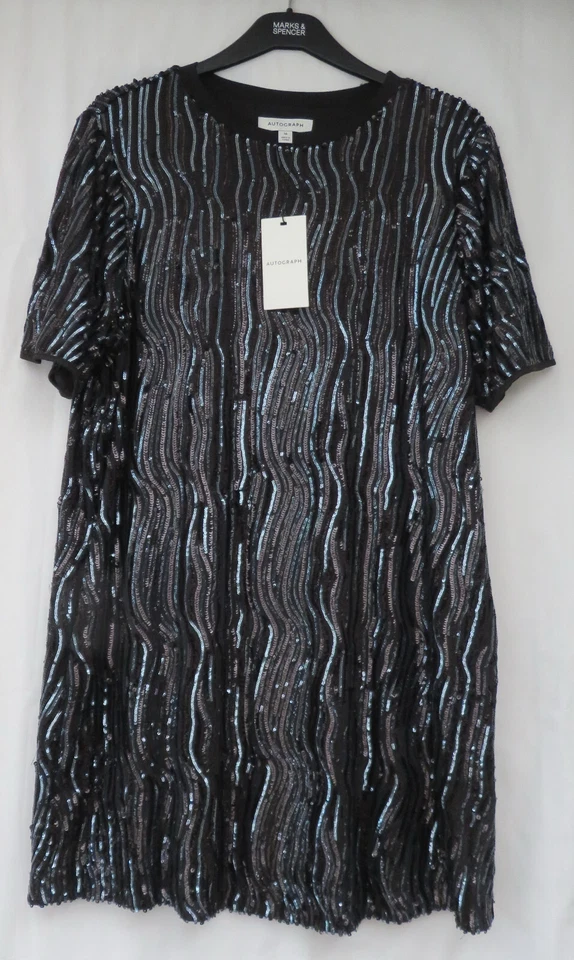 LADIES MARKS & SPENCER AUTOGRAPH SILVER MIX SEQUIN SHORT SLEEVED DRESS SIZE 16