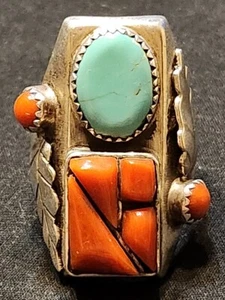 Vintage Coral Unisex Silver & Stone Ring 925 Silver 26.98g Size:10.2 (DDP006295) - Picture 1 of 4