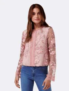 Forever New Agatha Embroidered Flare Sleeve Pink Mesh Blouse Size S - Bild 1 von 10