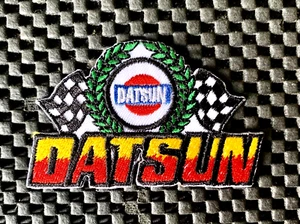 DATSUN WITH CHECKERED FLAGS WREATH EMBROIDERED SEW ON PATCH NISSAN 3" x 2" NOS - Picture 1 of 2