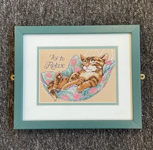 FRAMED COMPLETED CROSS STITCH: TRY TO RELAX: 29 x 23cm - Picture 1 of 1