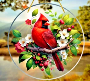 Cardinal Bird On A Branch Suncatcher Beautiful Window Hanging (PRETTIEST OF ALL) - Picture 1 of 5