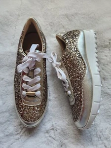 NWD JIMMY CHOO Monza Glittered Metallic Leather Sneakers Sz 36.5 Gold - Picture 1 of 11