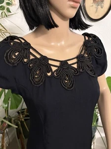 Vintage 80s Women’s Formal Party Dress LBD Sexy Black Maxi Sz S-M Soutache Neck - Picture 1 of 13