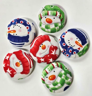Hand-Crafted Christmas snowmen Fabric Buttons Set of 6 -1.5" Diameter - Image 1 of 2