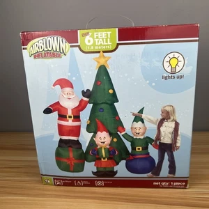 Papá Noel inflable soplado por aire de 6 pies con elfos y árbol de Navidad elfo gema raro - Imagen 1 de 7