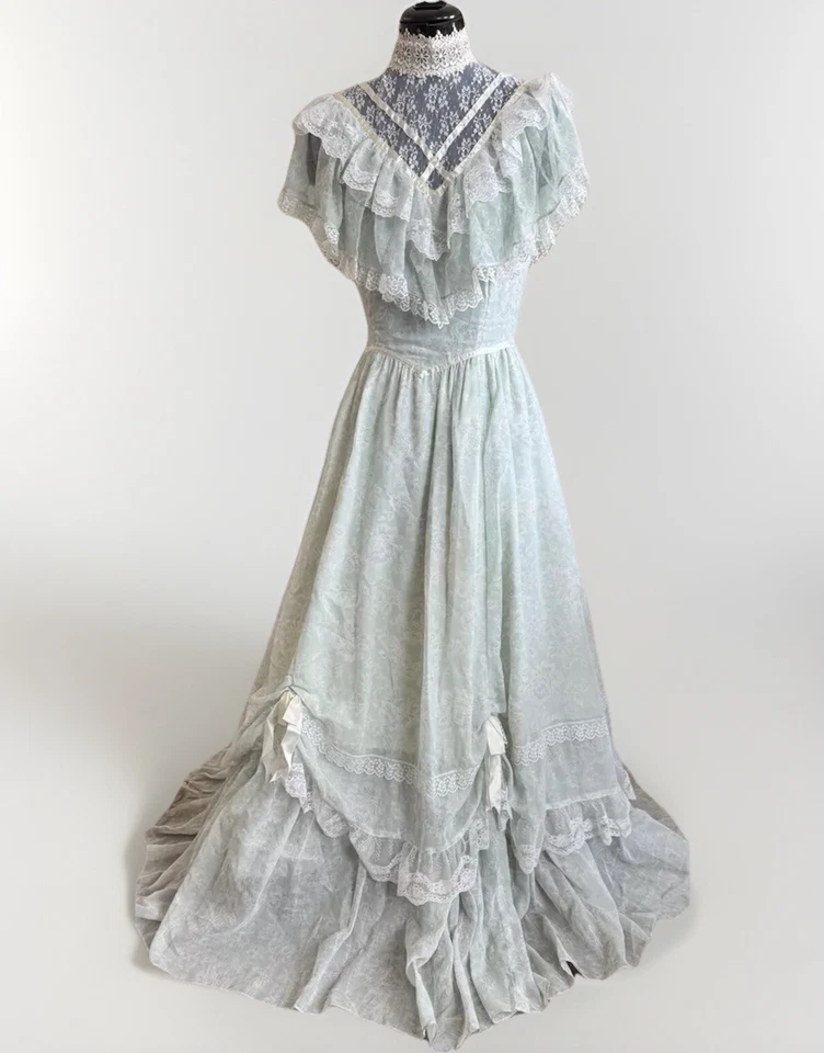 Vintage 70s Gunne Sax Baby Blue Floral Lace Victorian Prairie Cottagecore Dress - Image 1 of 4