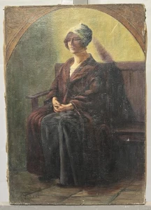 Huile sur toile signée Ecole Française XIXe : jeune femme en méditation église - Imagen 1 de 12