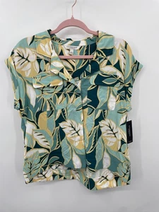 Blusa Liverpool Los Angeles con botones en la parte delantera manga gorra estampado verde azulado tropical S - Imagen 1 de 9