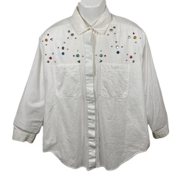 Vtg Palmettos Long Sleeve Button Down Shirt Embellish 80 90s Bling Stud Retro Lg - Image 1 of 4