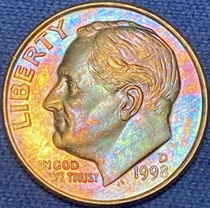 1998-D Roosevelt Dime Beautiful Lustrous Gold/Rainbow Toned Coin #10 - Picture 1 of 12