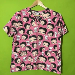 Small Betty Boop Scrub Top Shirt Women's Pink All Over Print Nurse Face - Picture 1 of 5