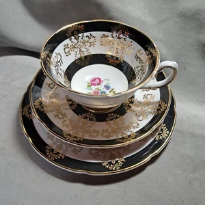 Vintage Royal Grafton Bone China Trio in Schwarz, Gold & Floral, 9259 - Bild 1 von 12