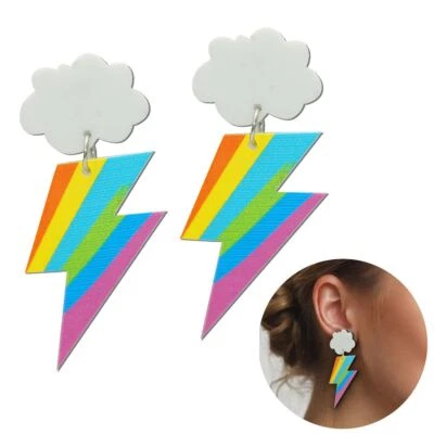 Regenbogenblitz Ohrringe mit Wolke – Bunte Statement Ohrhänger 6x3 cm Kunststoff - Bild 1 von 3
