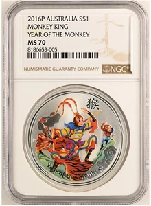 NGC MS70 Australia Monkey King 2016 Lunar Monkey Zodiac Color Silver Coin 1oz - Picture 1 of 2