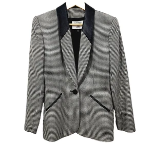Kasper Wool Leather Houndstooth Single-Breast Blazer Black White Women's Size 4 - Picture 1 of 20