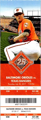 TICKET - Baltimore Orioles vs Texas Rangers (July 20 2017) Kevin Gausman Cover