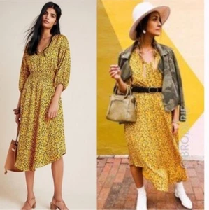 Anthropologie Marigold Midi Dress Floral Yellow V Neck Puff Sleeves Size XS $168 - Picture 1 of 4