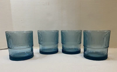 CRATE & BARREL NEW CAMDEN FLUTED DOUBLE OLD FASHIONED BLUE GLASSWARE SET (4) - Image 1 of 4