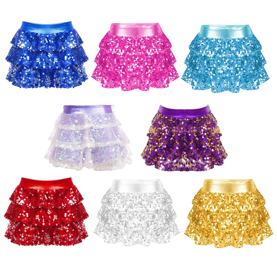 Girl's Kids Sequins Skirted Shorts Sparkly Ruffle Layers Skirt Hip Hop Dance UK - Image 1 of 3
