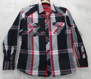 Knockout Jeans Button Up Shirt Men's Large Red White Blue Plaid 100% Cotton - Picture 1 of 16