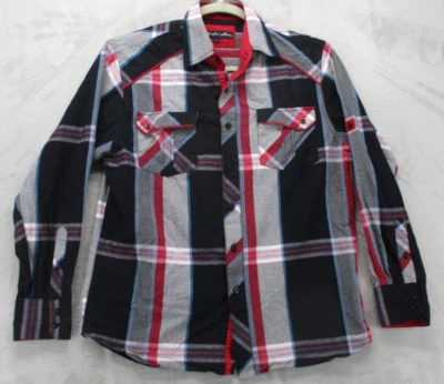 Knockout Jeans Button Up Shirt Men's Large Red White Blue Plaid 100% Cotton - Image 1 of 4