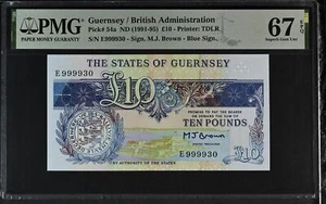 Guernsey 10 Pounds ND 1991-1995 P 54 Nice 999930 Superb Gem UNC PMG 67 EPQ - Picture 1 of 3