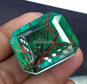 Rare 128.35 Ct Bi-Color Rutilated Quartz EGL Certified Emerald Cut Gemstone 5AOF - Picture 1 of 8