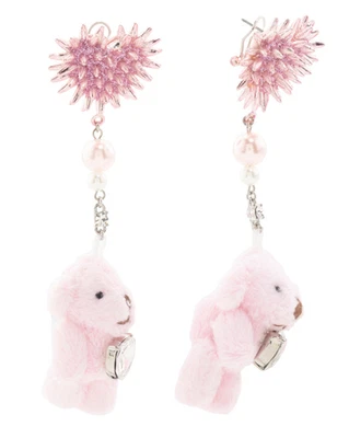 Betsey Johnson Spikey Heart Plush Teddy Bear Drop Earrings Pink Plush NWT - Image 1 of 4