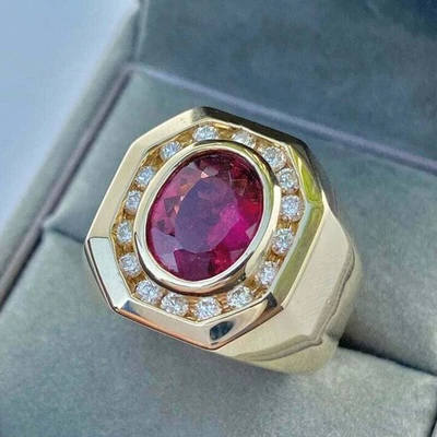 14K Yellow Gold Over 2.60CT Oval Cut Red Diamond Men's Wedding Pinky Ring UK N-V - Image 1 of 4