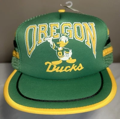 Vintage Oregon Ducks Mesh Back Puff Print Snapback Cap Stripes Green NWT - Image 1 of 4
