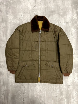 Chaqueta acolchada vintage de los años 70 marrón claro 4 bolsillos cuello de piel sintética cremallera talla XL EE. UU. Foto 1 de 4