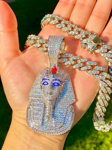 Men 14k W Gold Fill Stamp Ice Egyptian King Tut Pharaoh Iced Miami Chain Pendant - Picture 1 of 19