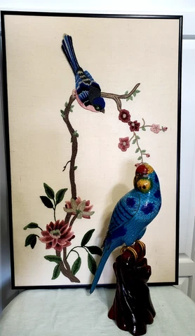 Vintage Handmade Crewel Embroidered Framed Picture Purple Blue Pink Bird Flowers Cover