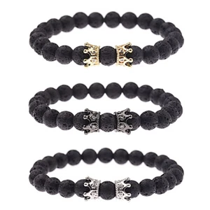 Fashion Mens CZ King Double Crown 8MM Nature Lava Stone Bracelets Volcanic Gift - Picture 1 of 25