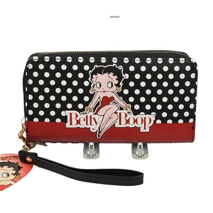 Betty Boop Doppelter umlaufender Reißverschluss Kunstleder Clutch Geldbörse hält Handy Neu - Bild 1 von 10