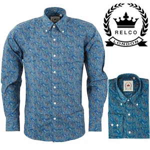 Relco Herren blau hell Paisley Blumenmuster Langarm Knopfleiste 60er Jahre Kragen - Bild 1 von 4