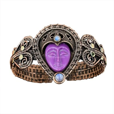 Mothers day Sale Purple Carved Stone Stone Rainbow Moonstone Copper Cuff Jewelry - Imagem 1 de 4