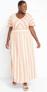 Lane Bryant Orange V-Neck Striped Flutter Sleeve Maxi Dress Womans Size 18/20 - Picture 1 of 5