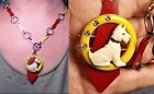30s Celluloid Terrier Pendant, on 1930 Dog Bone Bright Red, Yellow Celluloid Adj