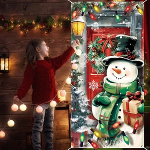 Christmas Snowman Door Cover,Colorful Christmas Front Door Banner Backdrop Xmas - Picture 1 of 7