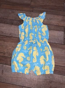 Girl’s Size 5-6 Kelly's Kids Aqua & Yellow Seahorses Summer Beach Romper - Picture 1 of 3