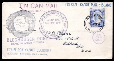 TONGA TO US 1938 TIN CAN CANOE MAIL FROM THE ISLAND NIUAFOOU TONGA - Image 1 of 4