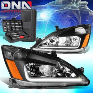 FOR 2003-2007 HONDA ACCORD LED DRL L-BAR BLACK AMBER SIGNAL HEADLIGHTS+TOOLS - Picture 1 of 10