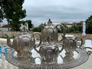 4052 Gr. UNIQUE ANTIQUE XIX CENTURY STERLING SILVER TEA / COFFEE SET & TRAY - Picture 1 of 12